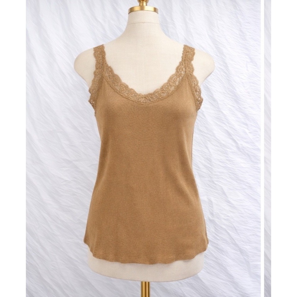 GAP Ribbed Tank Top Lace Trim Y2K Vintage Camel Tan‎ Size Medium Casual Layering